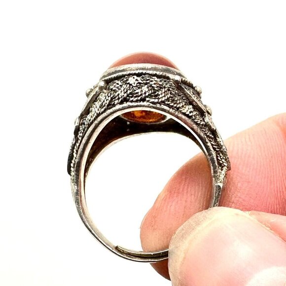 Vintage Chinese Export Carnelian Sterling Silver Filigree Adjust Ring Set at 6.5 - Picture 4 of 7